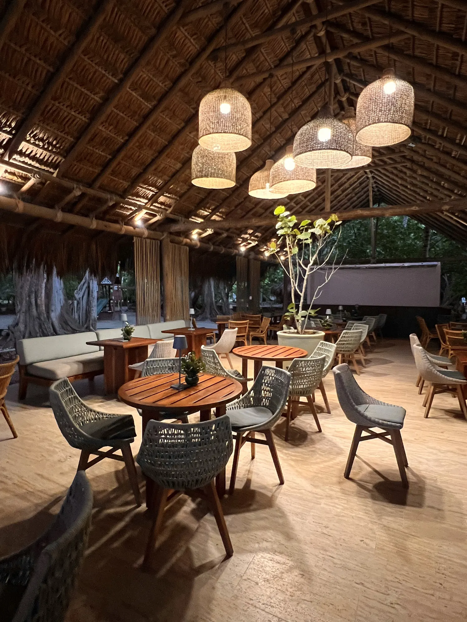 The restaurant under a thatched roof, lamps on
