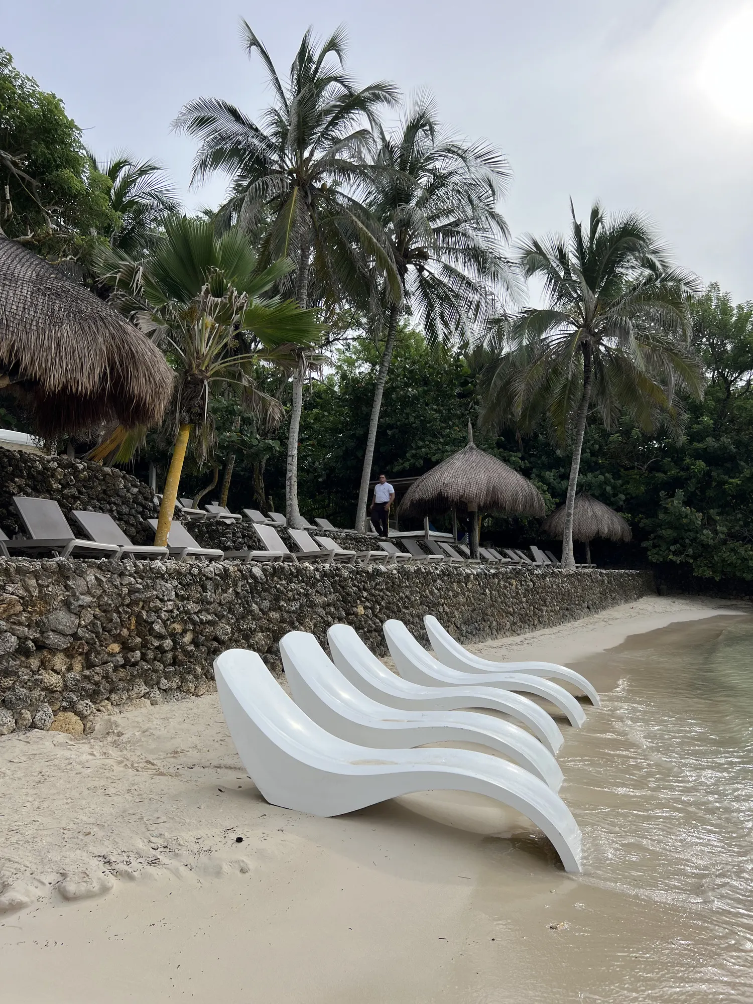 White loungers at the water’s edge, palms behind