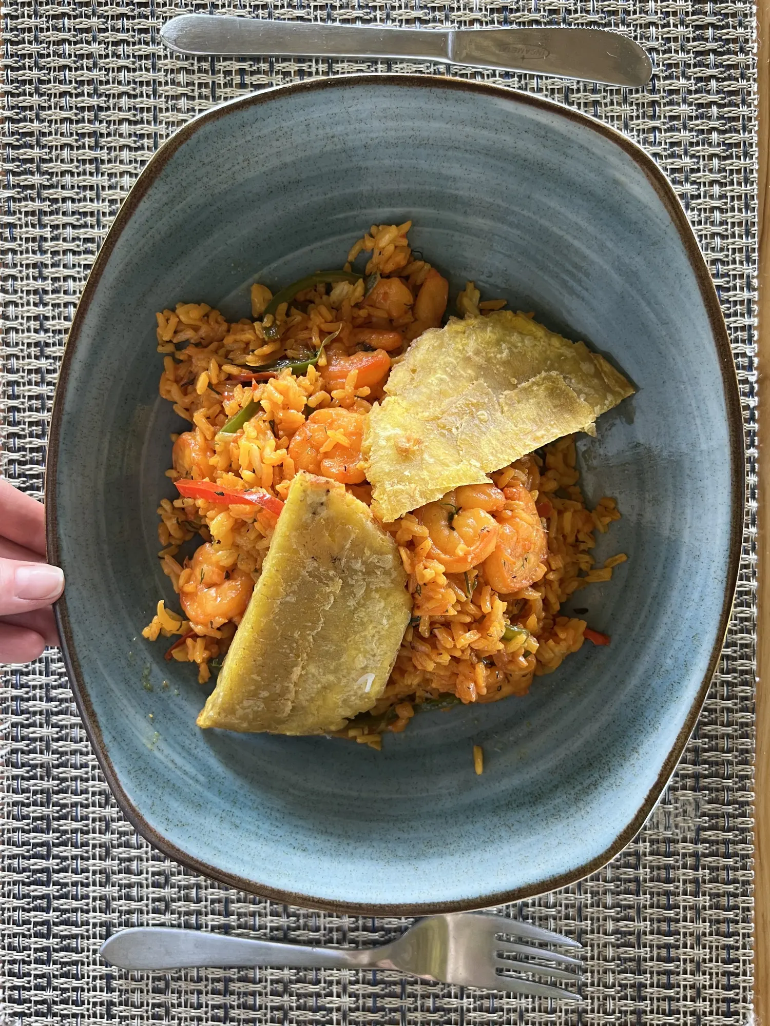 Shrimp rice with fried plantain, shot from above