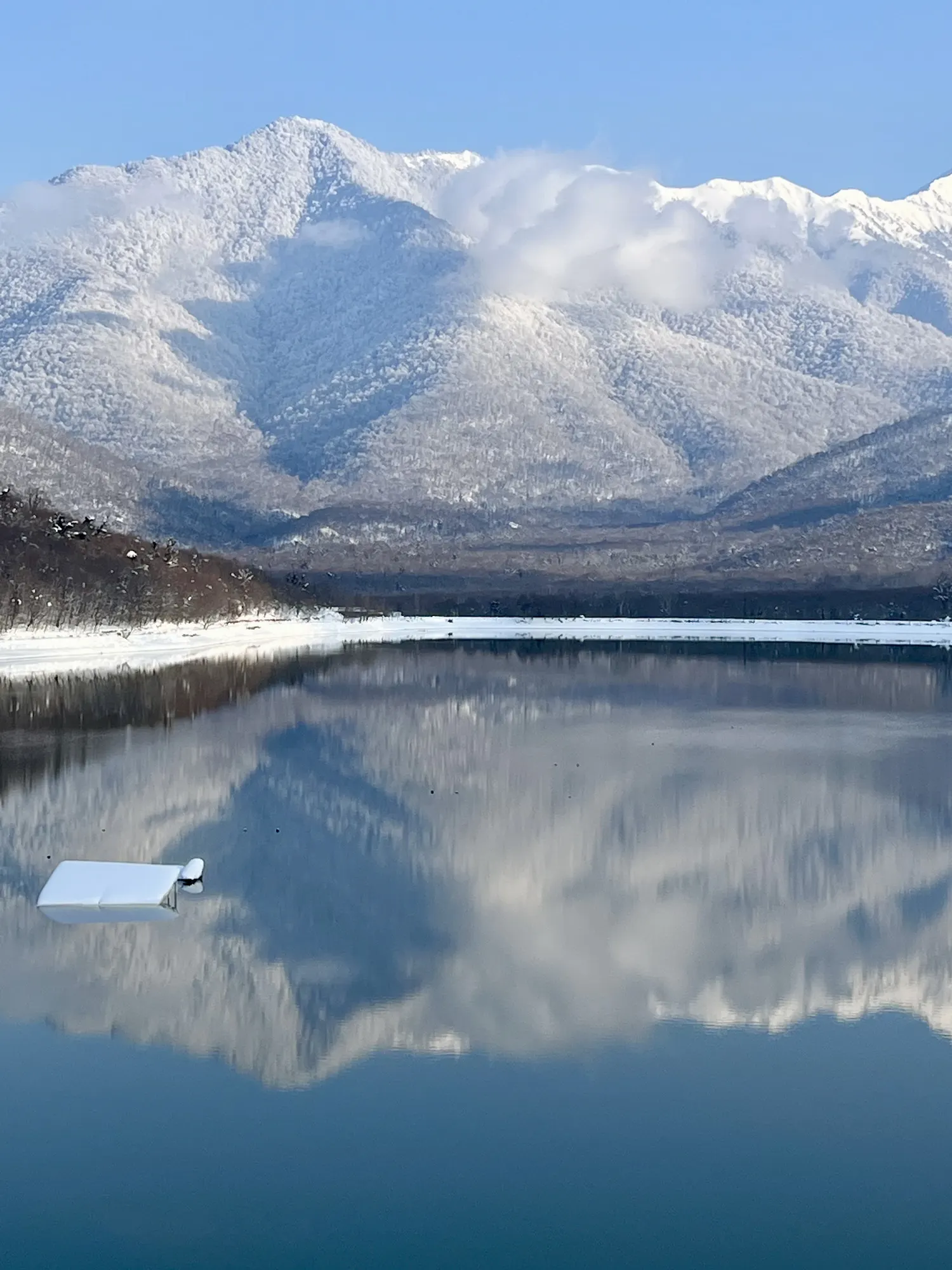 Snow peaks reflected in the still lake
