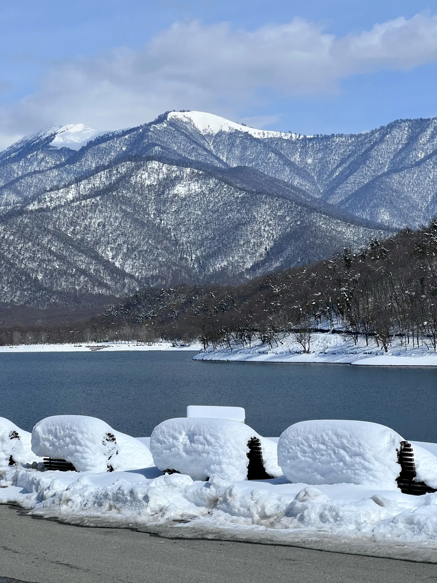 Mountains across the lake after a snowfall