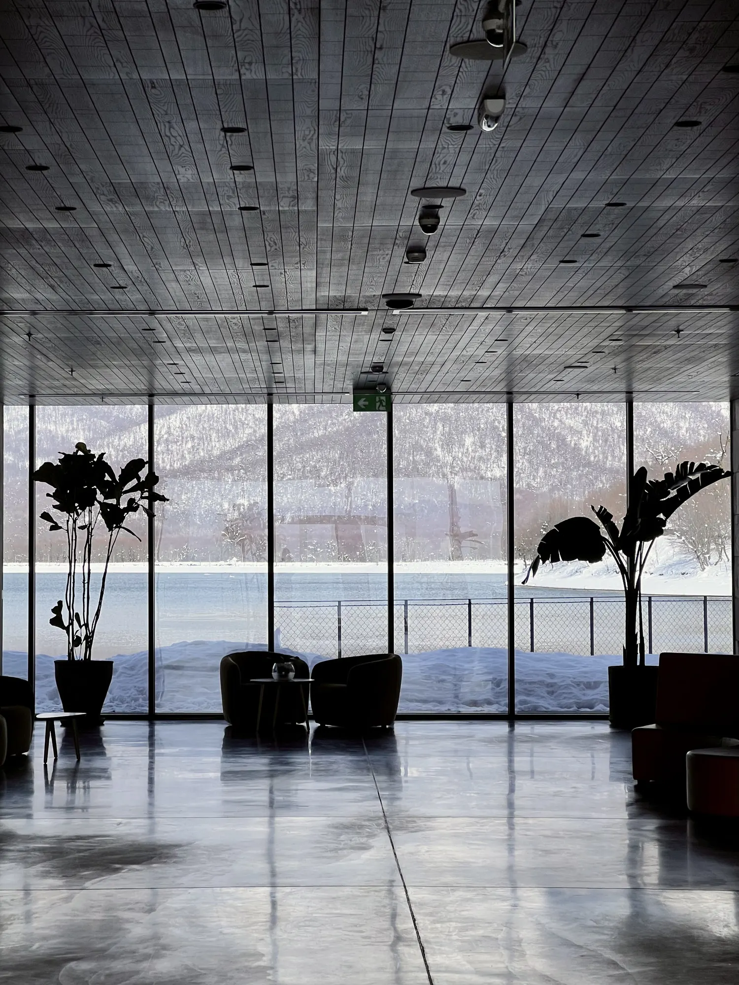 Lounge chairs facing the snowy lake