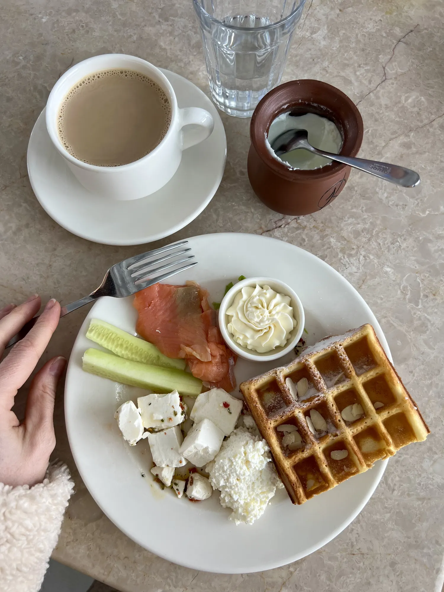 Breakfast: coffee, salmon, a fresh waffle
